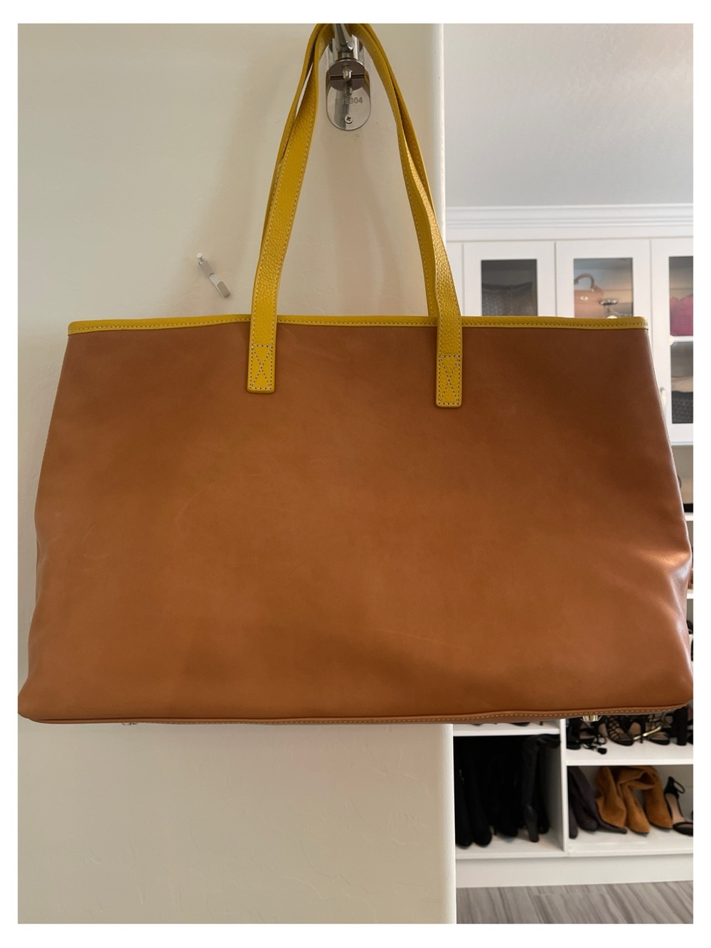 Two-Tone Leather Tote in Brown with Yellow Trim